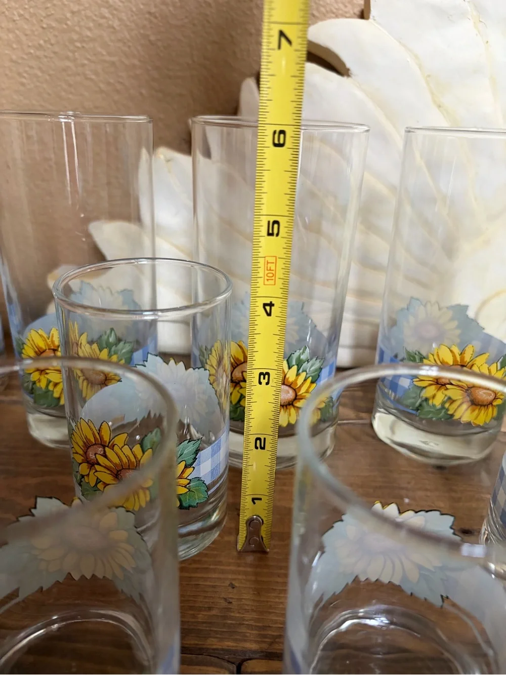 Corelle Vintage Sunflower Blue Plaid Print Drinking Glasses lot of 10!